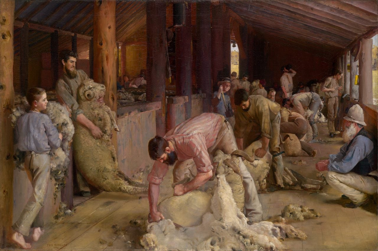 Tom ROBERTS <em>Shearing the rams</em> 1890 <!-- (recto) -->   oil on canvas on composition board 122.4 x 183.3 cm   National Gallery of Victoria, Melbourne Felton Bequest, 1932 4654-3